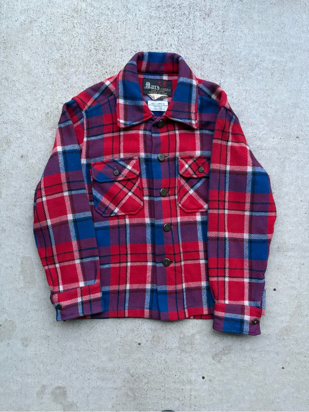 Vintage 70s Mars Wool Blend Plaid Flannel CPO Jacket Red Blue Medium 21x26